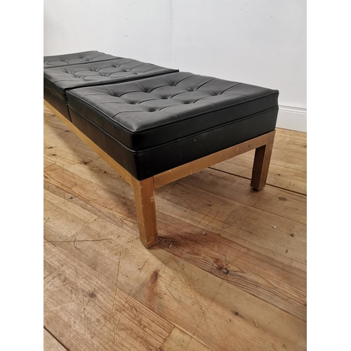 998 - Mid century pine vinyl upholstered bench { 40cm H X 175cm W X 57cm D }.