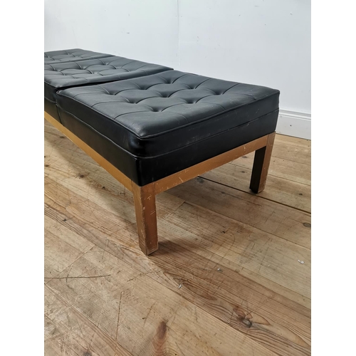 999 - Mid century pine vinyl upholstered bench { 40cm H X 175cm W X 57cm D }.