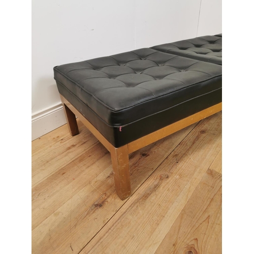 999 - Mid century pine vinyl upholstered bench { 40cm H X 175cm W X 57cm D }.