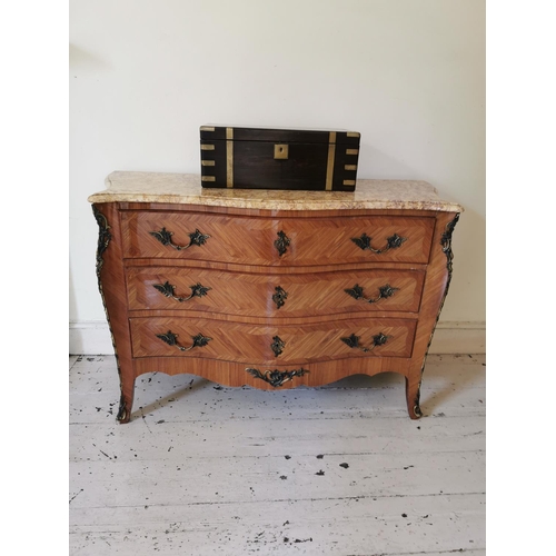 764 - Good quality Edwardian satinwood serpentine chest with ormolou mounts the marble top above three lon... 