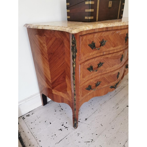 764 - Good quality Edwardian satinwood serpentine chest with ormolou mounts the marble top above three lon... 