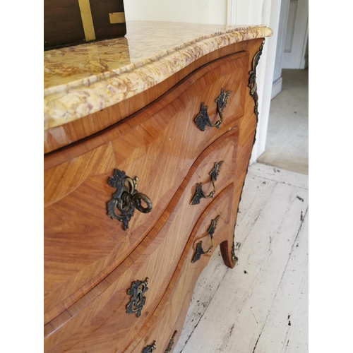 764 - Good quality Edwardian satinwood serpentine chest with ormolou mounts the marble top above three lon... 