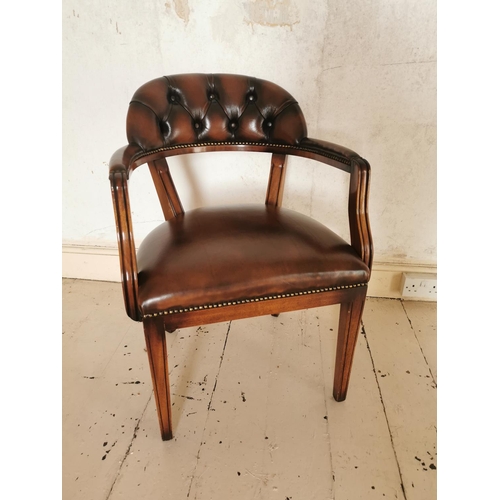 769 - Mahogany and leather upholstered office chair raised on square tapered legs {84 cm H x 60 cm W x 60 ... 