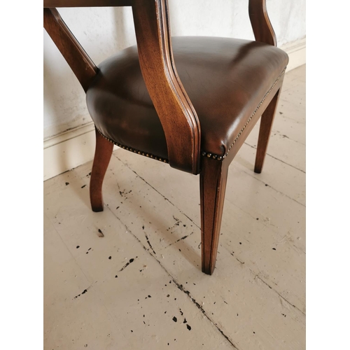 769 - Mahogany and leather upholstered office chair raised on square tapered legs {84 cm H x 60 cm W x 60 ... 