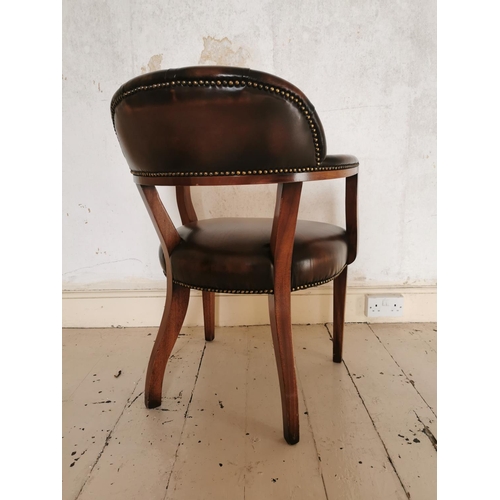 769 - Mahogany and leather upholstered office chair raised on square tapered legs {84 cm H x 60 cm W x 60 ... 