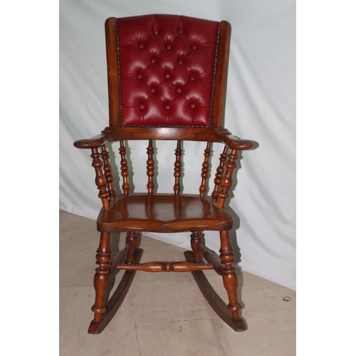 775 - 19th. C. oak rocking chair with deep buttoned leather upholstered back { 108cm H X 64cm W X 48cm D }... 