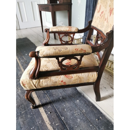 790 - 19th C. carved mahogany and upholstered arm chair raised on cabriole legs {96 cm H x 66 cm W x 70 cm... 