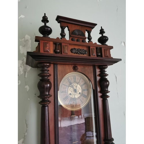 793 - 19th C. mahogany Vienna wall clock with brass and painted dial {135 cm H x 48 cm W x 20 cm D}.