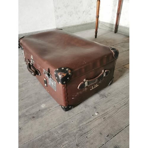 834 - 1930's leather suitcase with chrome mounts { 28cm H X 76cm W X 44cm D }.