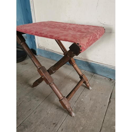 872 - 19th. C. Upholstered mahogany folding stool { 51cm H X 47cm W X 36cm D }.