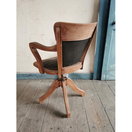 873 - 1930's mahogany swivel office chair with leather upholstered inset seat { 92cm H X 60cm W X 51cm D }... 