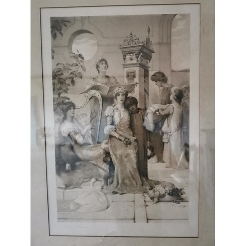 903 - 19th. C. The Musical Evening black and white print mounted in a frame { 103cm H X 80cm W }.