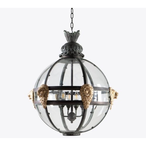 108 - Exceptional quality Bronze globe hall lantern decorated with brass lions masks in the Italian style ... 