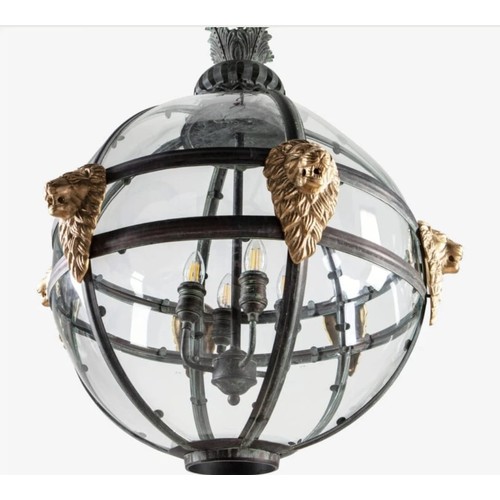 108 - Exceptional quality Bronze globe hall lantern decorated with brass lions masks in the Italian style ... 