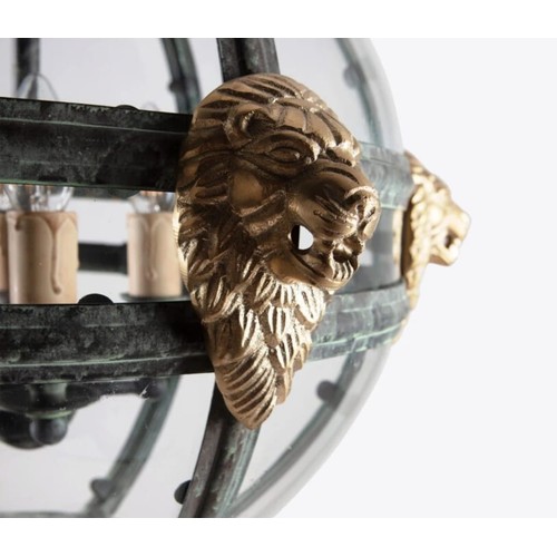 108 - Exceptional quality Bronze globe hall lantern decorated with brass lions masks in the Italian style ... 