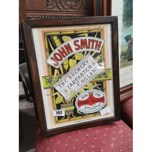 102 - John Smith Brewery Tadcaster England framed advertising print. {42 cm H x 33 cmW}.