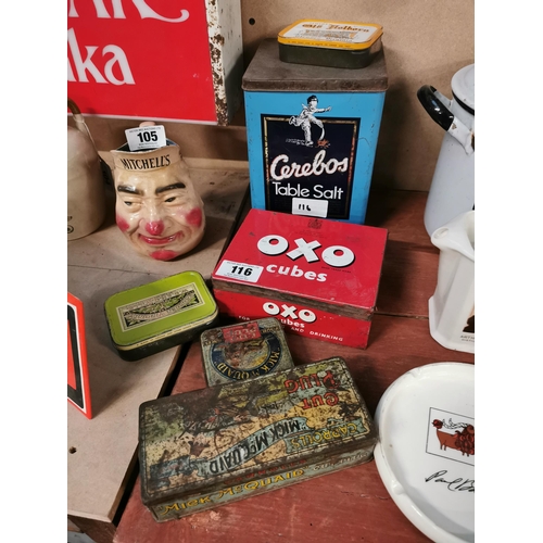 116 - Collection of six advertising tins � Cerebos Table Salt, Oxo cubes and four tobacco tins.