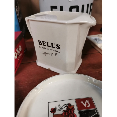 118 - Arthur Bell Whisky ceramic advertising water jug and VS ashtray. Jug { 12 cm H x 17 cm W x 9 cm D} a... 