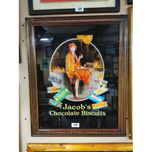 128 - Jacob's Chocolate Biscuits reverse painted glass framed advertisement. {69 cm H x 56 cm W}.