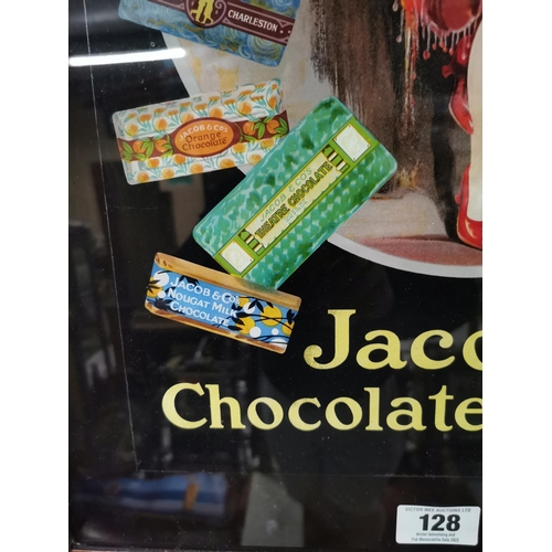 128 - Jacob's Chocolate Biscuits reverse painted glass framed advertisement. {69 cm H x 56 cm W}.