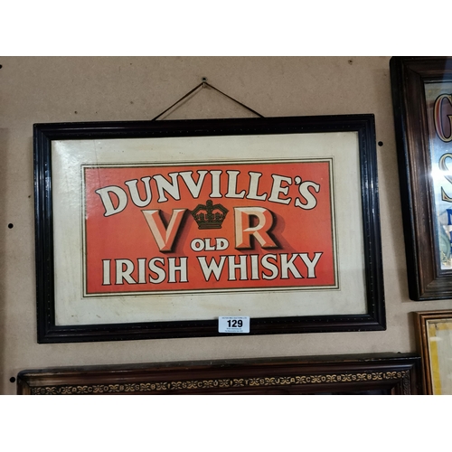 129 - Rare Dunville's Old Irish Whiskey framed advertising show card {33 cm H x 52 cm W}.