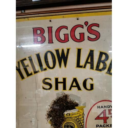 133 - Bigg's Yellow Label Shag Lasts and Satisfies framed advertising showcard. { 77 cm H x 51 cm W}.