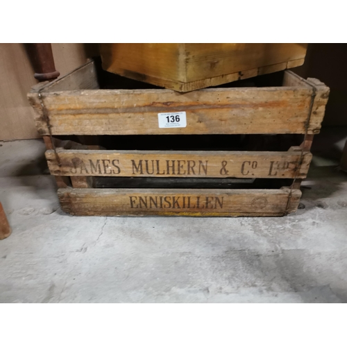 136 - James Mulhern Enniskillen wooden advertising beer crate . {26 cm H x 46 cm W x 48 cm D}.