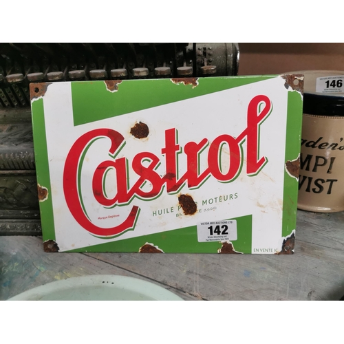 142 - Castrol Oil enamel advertising sign. {20 cm H x 30 cm W}.