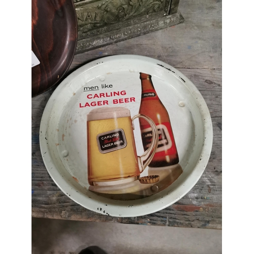 144 - 1950's Sanewood circular Bass advertising tray and tin plate Carling Black Label tray. {25 cm Dia} a... 