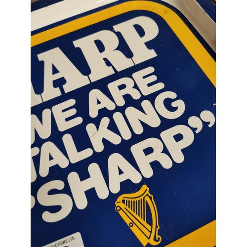 150 - 1950s Harp - We Are Talking Sharp advertising drinks tray {33 cm H x 33 cm W}.