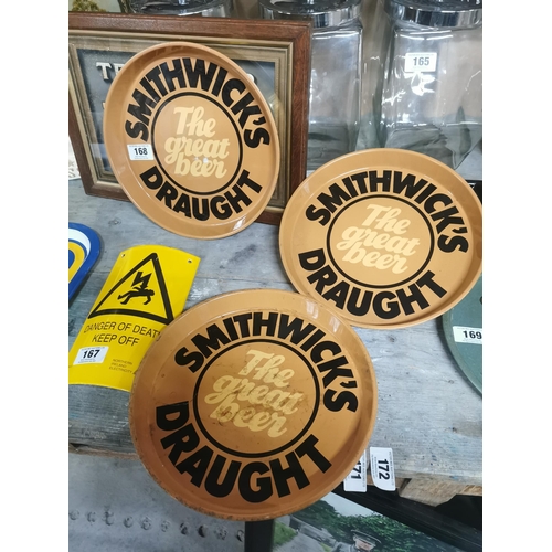 168 - Three Smithwick's Draught - The Great Beer tin plate advertising drinks trays {30 cm Dia.}.