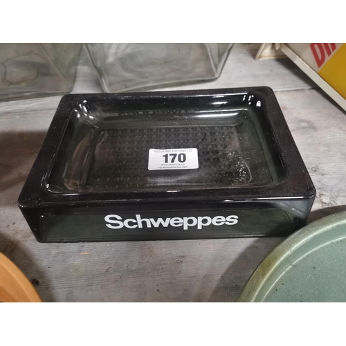 170 - Schweppes glass advertising ashtray. {5 cm H x 22 cm  W x 14 cm D}.