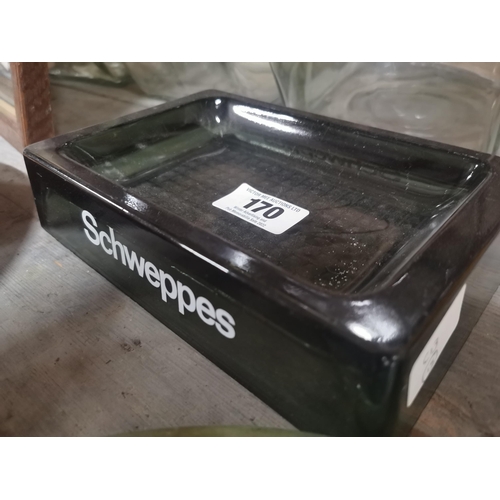 170 - Schweppes glass advertising ashtray. {5 cm H x 22 cm  W x 14 cm D}.