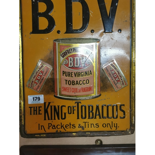 179 - Rare Smoke B.D.V Pure Virginia Tobacco embossed tin plate advertising sign {49 cm H x 36 cm D}.