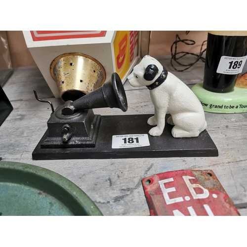 181 - Cast iron advertising Model of HMV Dog and Gramaphone. {12 cm H x 22 cm W x 9 cm D}.