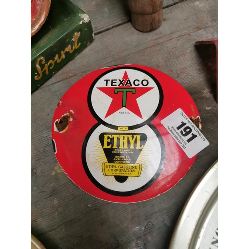 191 - Texaco Ethyl Oils enamel advertising sign. {15 cm Dia}.