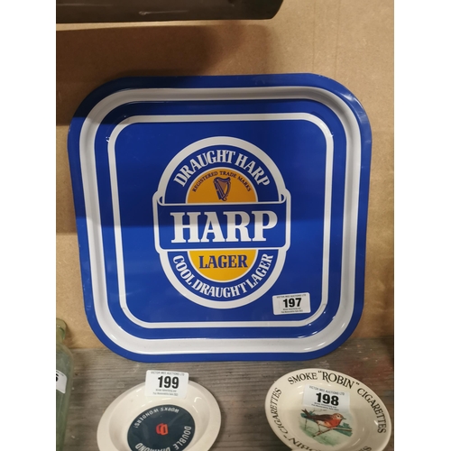 197 - Harp Lager tin plate advertising drinks' tray. { 24 cm H x 34 cm W}.