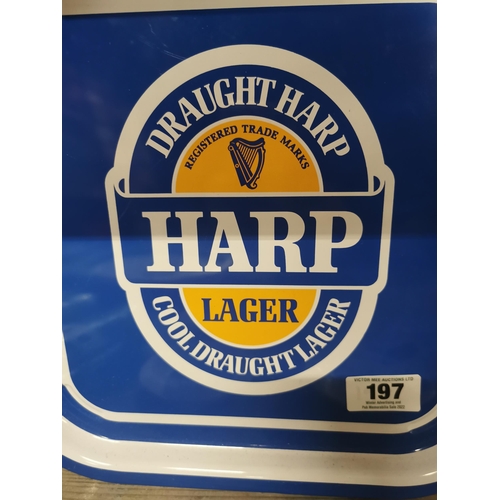 197 - Harp Lager tin plate advertising drinks' tray. { 24 cm H x 34 cm W}.