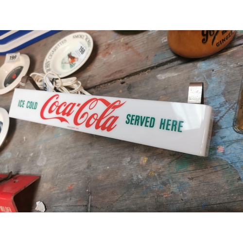 204 - Perspex Ice Cold Coca Cola Served Here light up shelf advertising sign. {5 cm H 31 cm W x 5 cm D}.