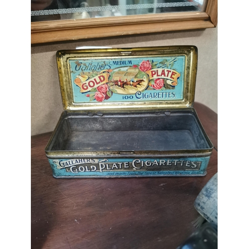 225 - Gallagher's Gold Plate Cigarettes advertising tin. {4 cm H c 17 cm W x 8 cm D}