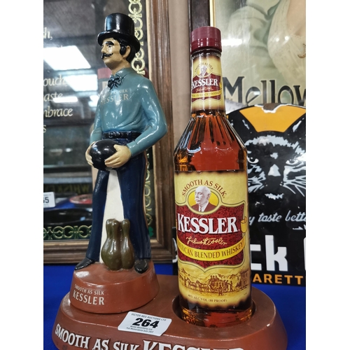 264 - Composition Smooth as Silk Kessler Whiskey bottle holder with original bottle of Kessler Whiskey adv... 