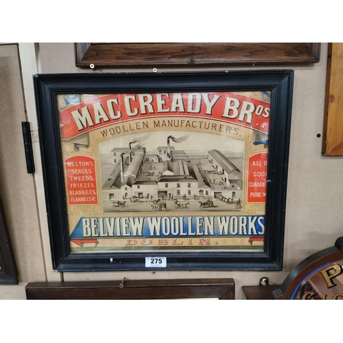 275 - MacCready Bros Belview Woollen Works framed advertising print. {41 cm H x 50 cm W}.