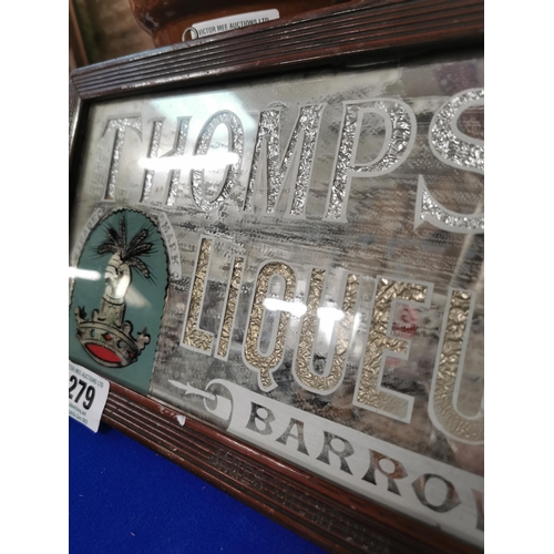 279 - Thompson�s Liquer Sloe Gin Barrow in Furness advertising mirror in original stamped frame. {18 cm H ... 