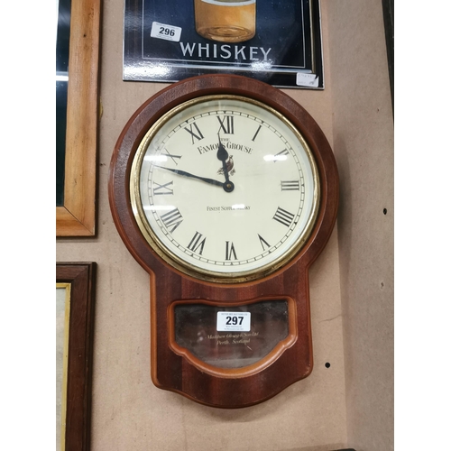 297 - Famous Grouse Finest Whiskey battery operated advertising clock. {47 cm H x 34 cm W}.