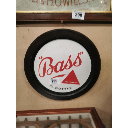 299 - Bass in Bottle framed enamel advertising sign {31 cm H x 31 cm W}.