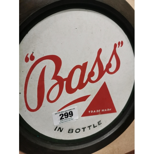 299 - Bass in Bottle framed enamel advertising sign {31 cm H x 31 cm W}.