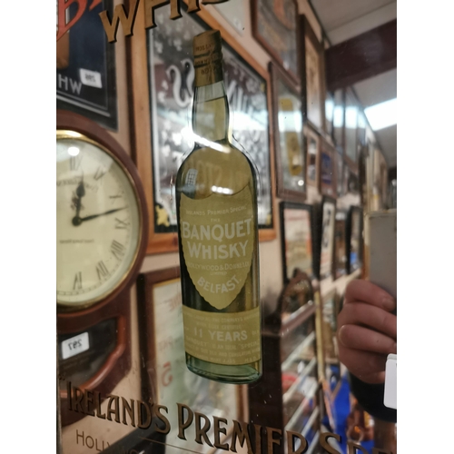 302 - Ask for the Celebrated Banquet Whiskey Belfast framed  advertising mirror. {56 cm H x 41 cm W}.