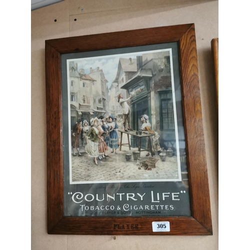 305 - Country Life Tobacco and Cigarettes advertising showcard in original oak frame {61 cm H x 47 cm W}