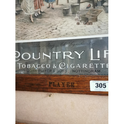 305 - Country Life Tobacco and Cigarettes advertising showcard in original oak frame {61 cm H x 47 cm W}