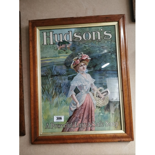 306 - Hudson's Soap framed advertising showcard. { 50 cm H x 46 cm W}.